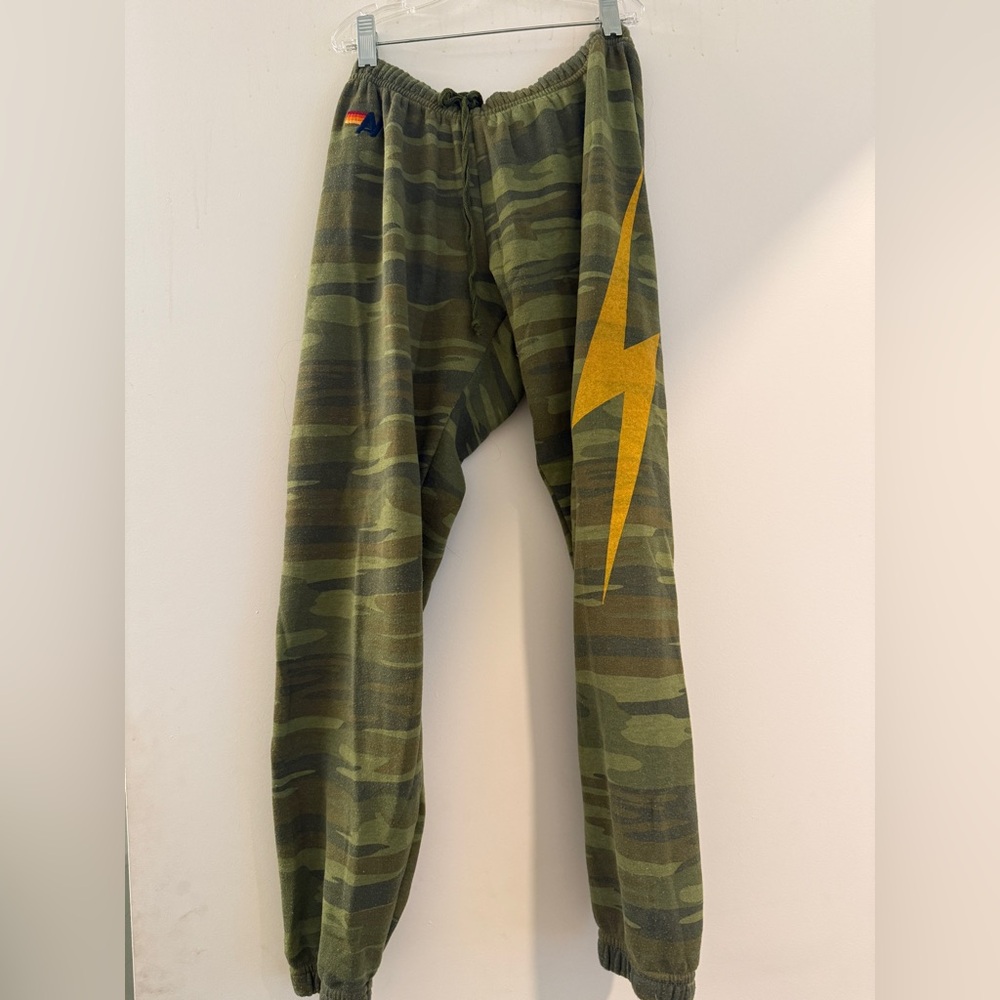 Aviator Nation Green Camo Pants with Yellow Lightning Bolt